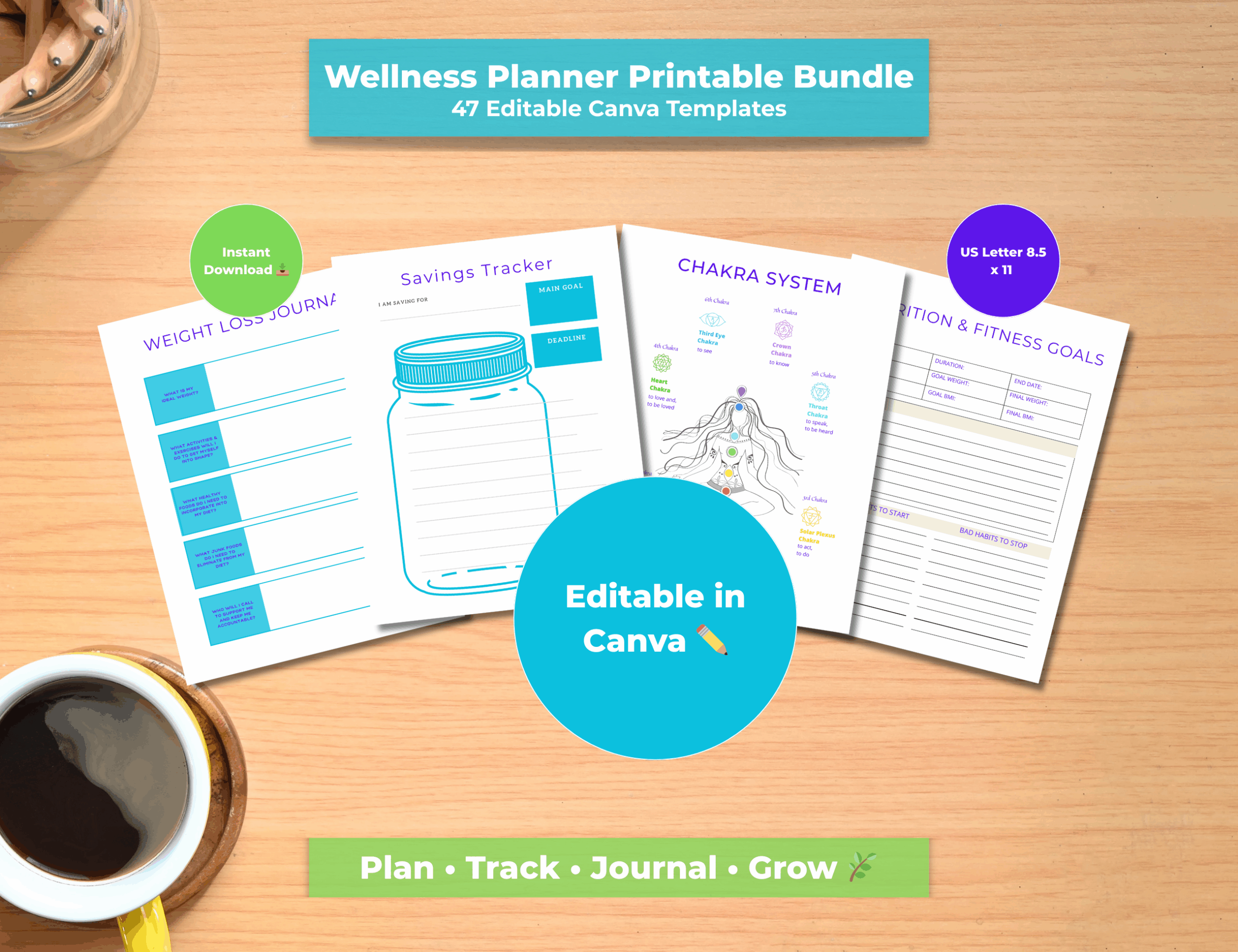 Wellness and Productivity Planner Bundle preview showing colorful Canva templates for daily planning, goal setting, and self-care tracking.